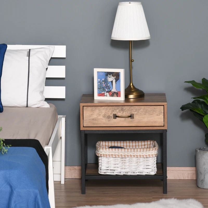 HOMCOM Industrial Bedside Table with Drawer, Nightstand with Storage Shelf, Sofa End Table for Bedroom, Teak