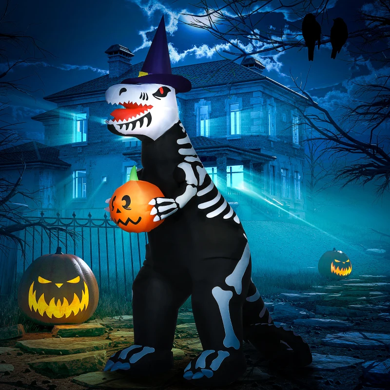 HOMCOM 8' Inflatable Halloween Skeleton Dinosaur with Pumpkin, Blow Up Outdoor LED Yard Display, Waterproof