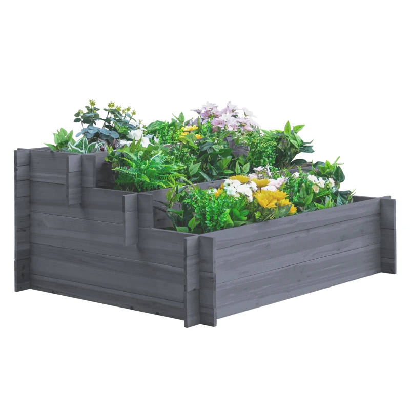 Outsunny 3-Tier Wood Raised Garden Bed, Elevated Planting Box, Outdoor Vegetable Flower Container, Herb Garden Indoor Kit, Gray