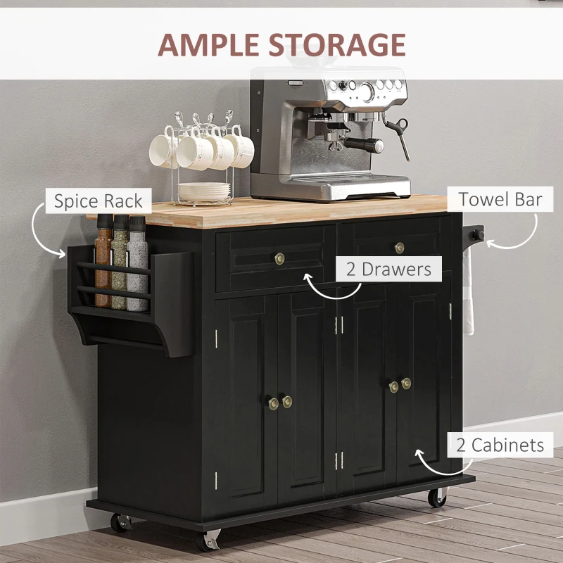 HOMCOM Rolling Kitchen Island with Rubber Wood Top and Storage, Spice Rack, Towel Rack, Black