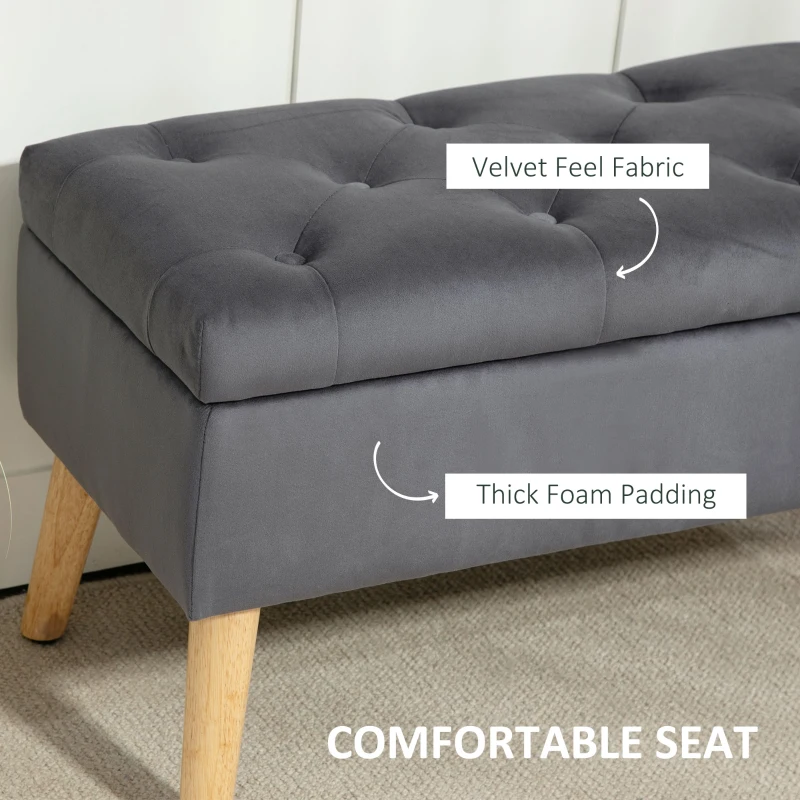 HOMCOM Storage Ottoman with Lid, Velvet Upholstered Storage Bench with Wood Legs for Living Room, Charcoal Grey