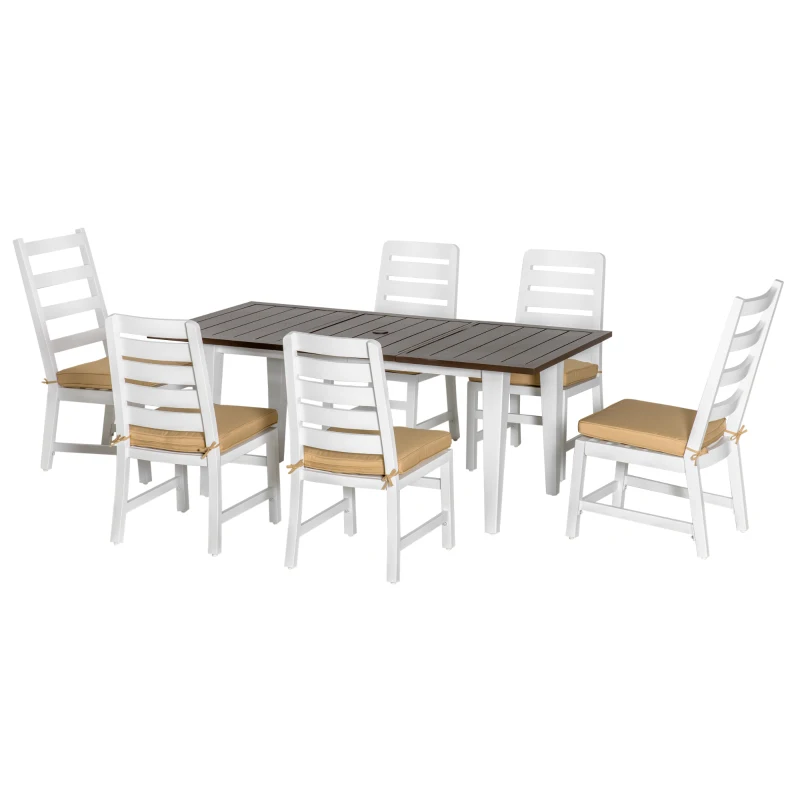 Outsunny Patio Dining Set for 6, Outdoor Furniture Set with a Table & Chairs, Cushions, Umbrella Hole for Garden, Backyard, or Poolside, Beige