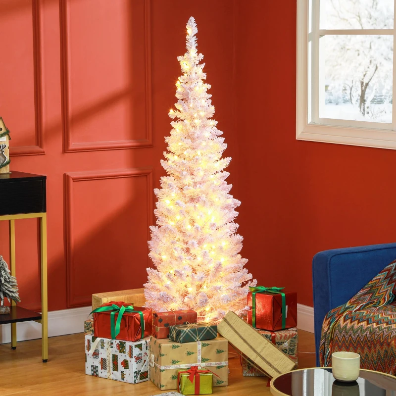 HOMCOM 5ft Pencil Christmas Tree, Slim Artificial Christmas Tree with Snow Flocked Branches and Warm White LED Lights, Pink