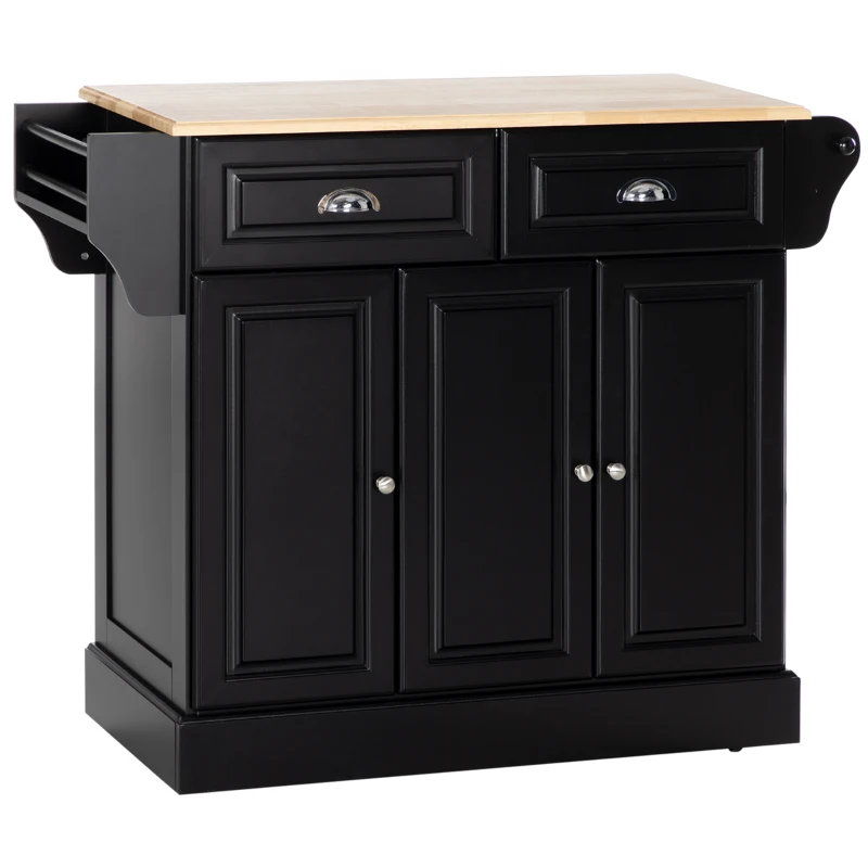 HOMCOM Kitchen Island with Storage Rolling Kitchen Serving Cart with Rubber Wood Top Towel Rack Storage Drawer Cabinet, Black