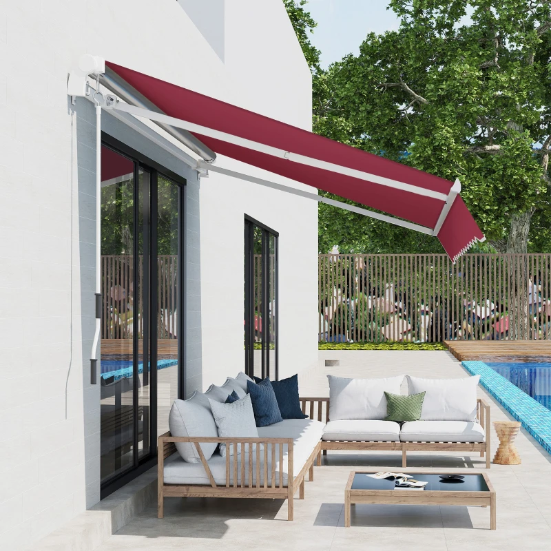 Outsunny 12' x 8' Patio Awning, Canopy Retractable Sun Shade Shelter w/ Manual Crank Handle for Deck, Yard, Red