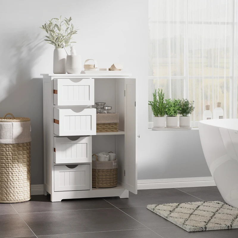 kleankin Bathroom Storage Cabinet, Floor Cabinet with Adjustable Shelf and 4 Drawers, Side Cabinet for Washroom, White