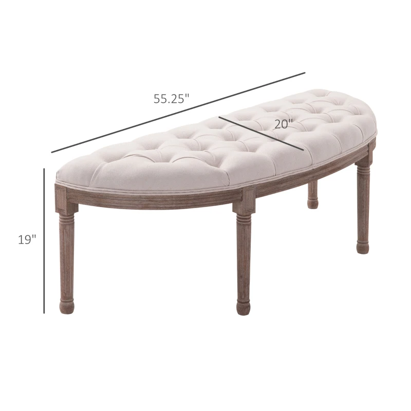 HOMCOM Semi-Circle End of Bed Bench with Tufted Design, Upholstered Bedroom Entryway Bench with Rubberwood Legs, Off White