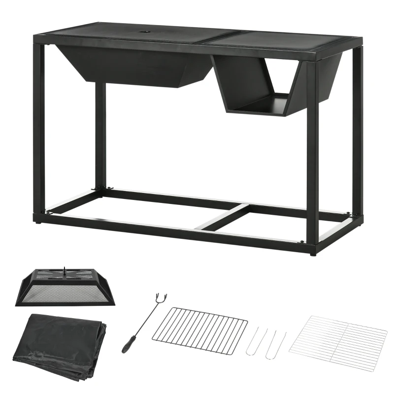 Outsunny 4-in-1 Fire Pit, BBQ Grill, Ice Bucket Cooler, Garden Table, with Cooking Grate, Log Grate & Waterproof Cover, Galvanized Steel Wood-Burning Fireplace with Spark Screen & Poker