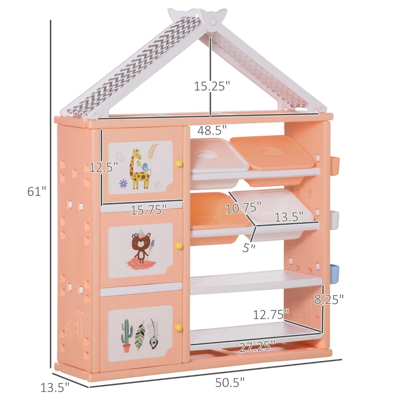 Qaba Kids Toy Storage Organizer with 4 Bins, Storage Cabinets, Bookshelf and 4-Layers Toy Collection Shelves, Orange