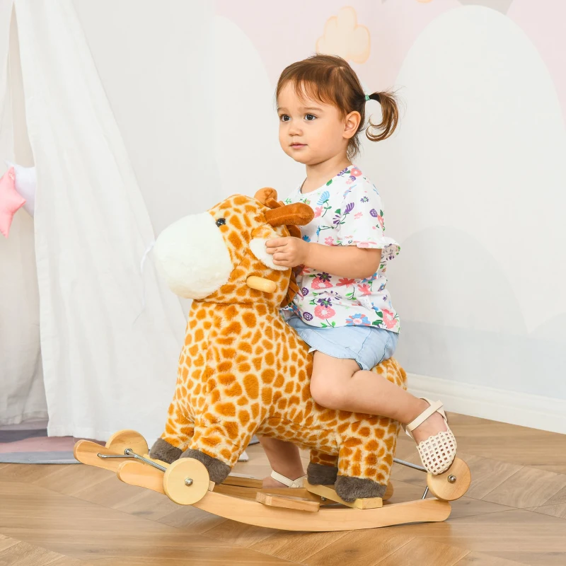 Qaba Rocking Horse, 2 in 1 Kids Ride on Horse, Rolling Giraffe Animal Rocker with Sound, Wooden Base, Pedal, Grip Handle, Plush Riding Pony for 3-6 Years Old, Yellow