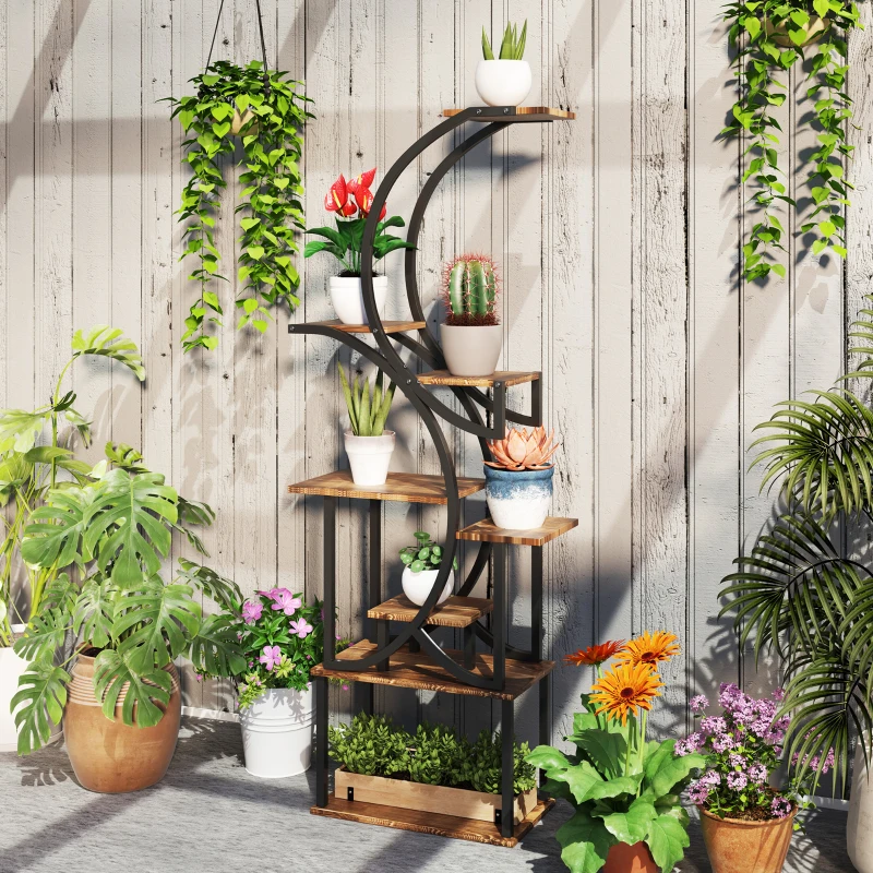 Outsunny Plant Stand Indoor, 8 Tier 62" S-Shaped Plant Shelf, Corner Plant Rack for Multiple Plants, Carbonised Finish