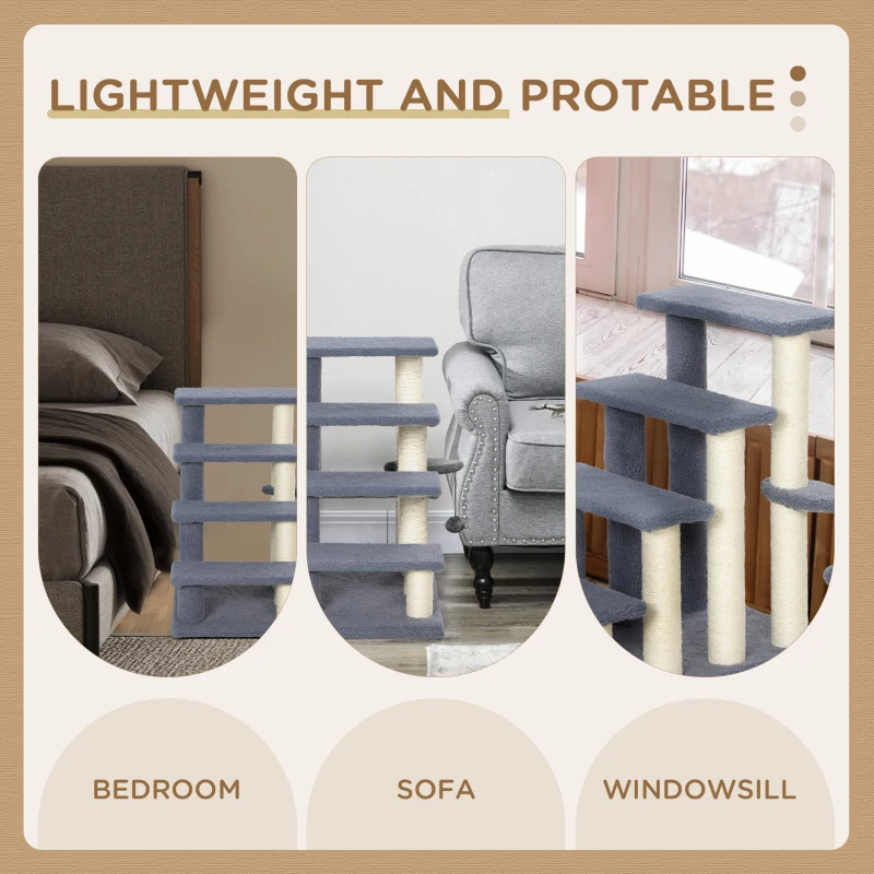 PawHut 4 Step Cat Tree Stairs with Cat Scratching Post, Jumping Platform, Toy Ball, Grey