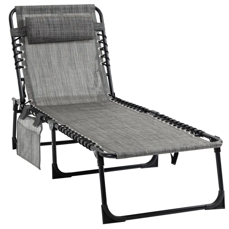 Outsunny Reclining Chaise Lounge Chair, Portable Sun Lounger, Folding Camping Cot with Adjustable Backrest and Removable Pillow, for Patio, Garden, Beach, Gray