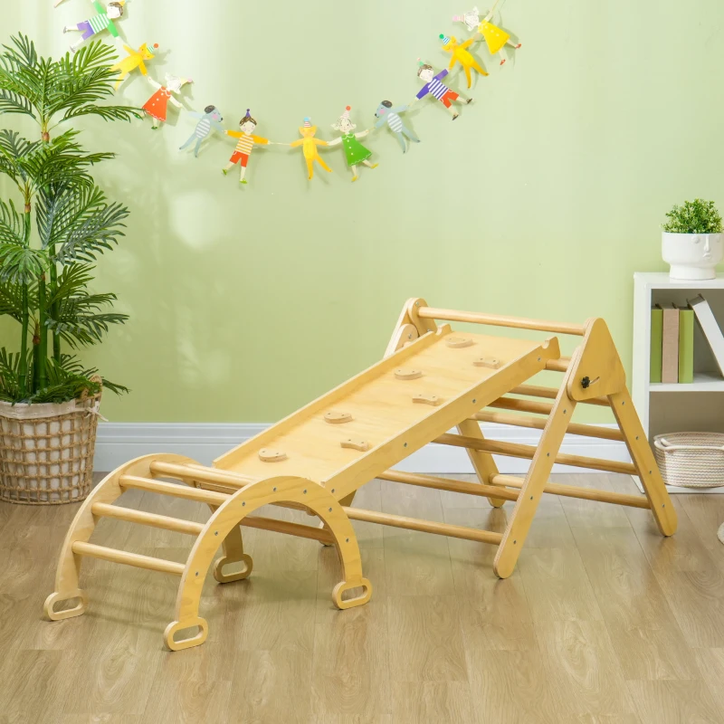 Qaba 5 in 1 Pikler Triangle Set with Ladder, Ramp, Arch, for 18-48 months, Nature Wood