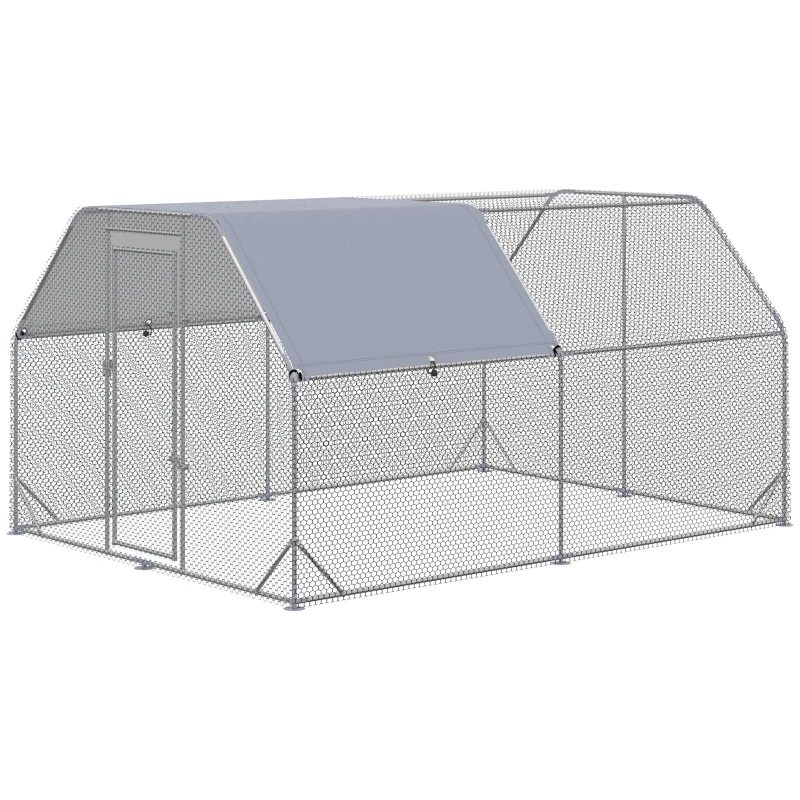 PawHut Chicken Run, Galvanized Large Metal Chicken Coop Cage, Walk-in Enclosure Poultry Hen Run House Playpen Rabbit Hutch with Flat Roof, Cover, 9.2' x 12.5' x 6.5', Silver