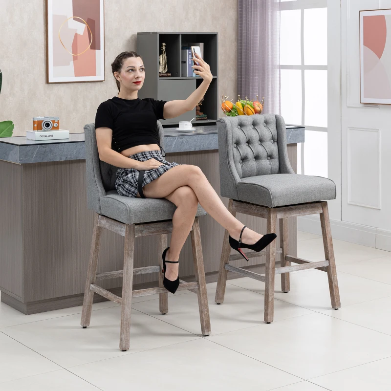 HOMCOM Bar Height Bar Stools Set of 2, 180 Degree Swivel Barstools with Solid Wood Footrests and Button Tufted Design, 30" Seat Height Bar Chairs for Kitchen Island, Gray