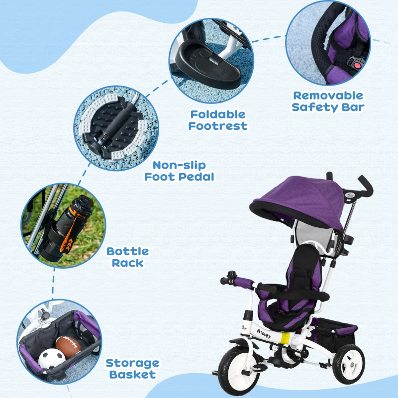 Qaba 6 in 1 Toddler Tricycle Stroller with Basket, Canopy, 5-point Safety Harness, for 12-60 Months, Purple