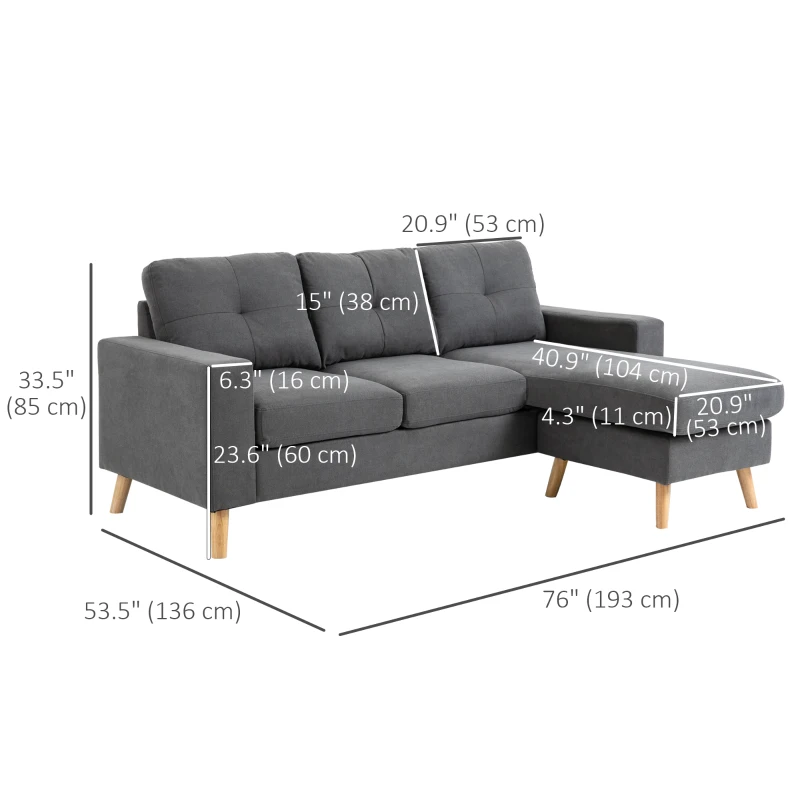 HOMCOM Sectional Sofa Couch, L Shaped Couch with Reversible Chaise, Wooden Legs for Living Room, Bedroom, Dark Grey
