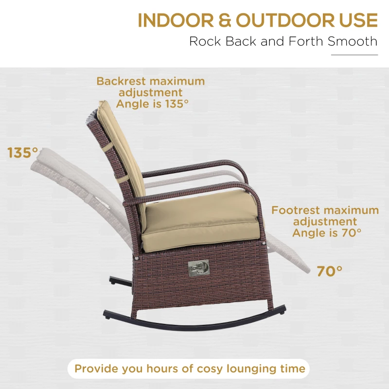 Outsunny Outdoor Wicker Rocking Chair Patio PE Rattan Recliner Chair with Cushion, Adjustable Footrest, Armrests, Khaki