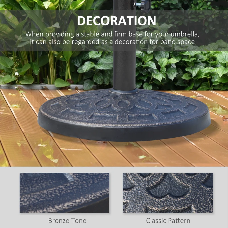 Outsunny 26 lbs Resin Round Umbrella Base Stand Market Parasol Holder with Beautiful Decorative Pattern, for Φ1.5", Φ1.89" Pole, for Lawn, Deck, Backyard, Garden, Bronze