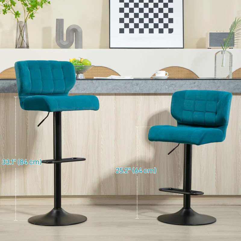 HOMCOM Swivel Tufted Velvet-feel Fabric Barstools Set of 2 Adjustable Bar Stools with Footrest for Counter Dining Room Blue