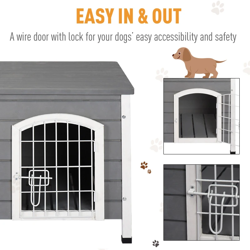 PawHut 31"L Wooden Decorative Dog Cage Kennel Wire Door with Lock Small Animal House with Openable Top Removable Bottom Gray