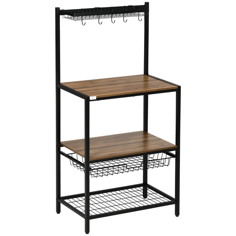 HOMCOM Industrial Multifunctional Kitchen Bakers Rack, Microwave Stand, Coffee Bar Station with Storage Shelves, Wire Basket, 5 Hanging Hooks, Walnut
