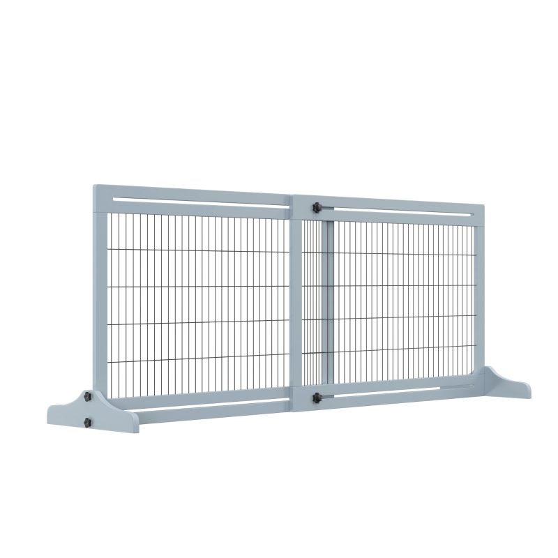 PawHut 72" W x 27.25" H Extra Wide Freestanding Pet Gate with Adjustable Length Dog, Cat, Barrier for House, Doorway, Hallway, Blue-Gray