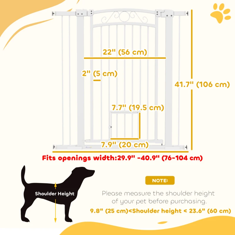 PawHut Dog Gate, Walk Through Pet Gate w/ Small Pet Door, Auto Close, for Doorways, House, Stair, 30"-41" W x 42" H