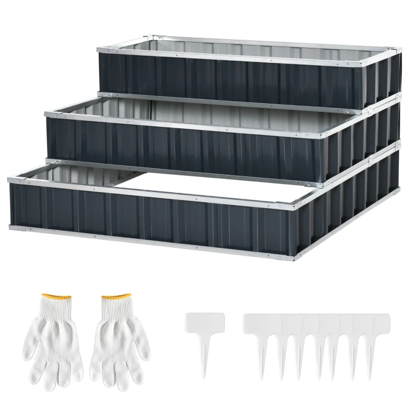 Outsunny 3 Tier Raised Garden Bed Outdoor Metal Patio Planter Box with Gloves,  4' x 4' x 2' for Backyard, Patio to Grow Vegetables, Herbs, and Flowers, Gray