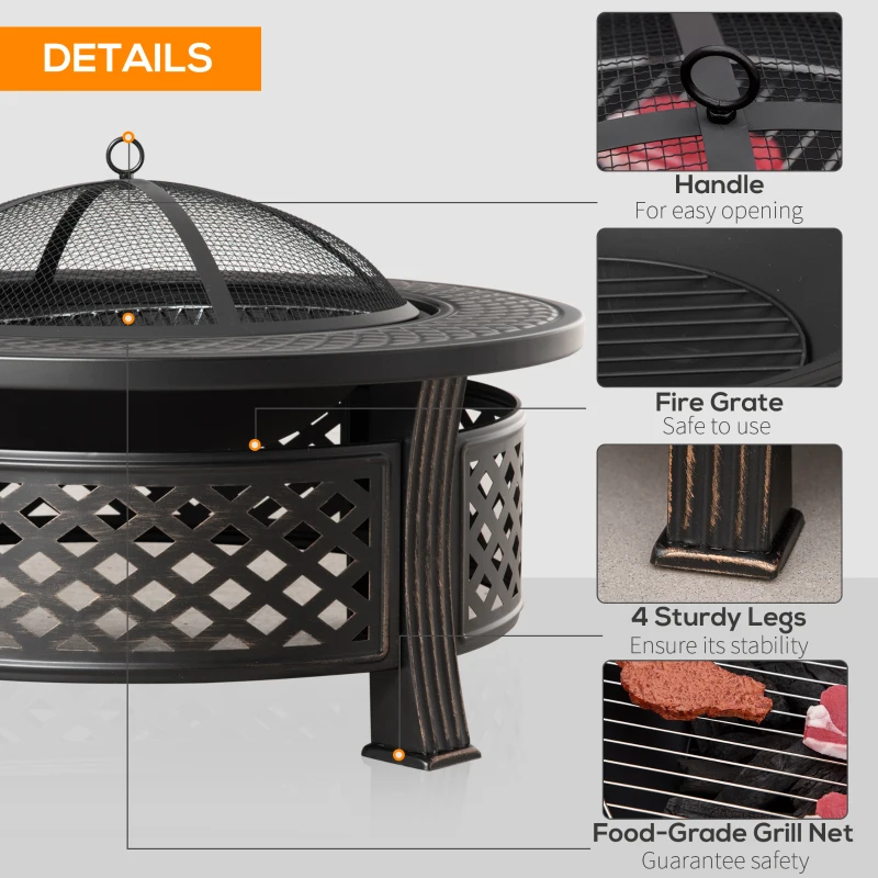 Outsunny Outdoor Fire Pit, Firepit with Grill Net, Mesh Lid, Poker, for Camping, Bonfire, Picnic, Bronze