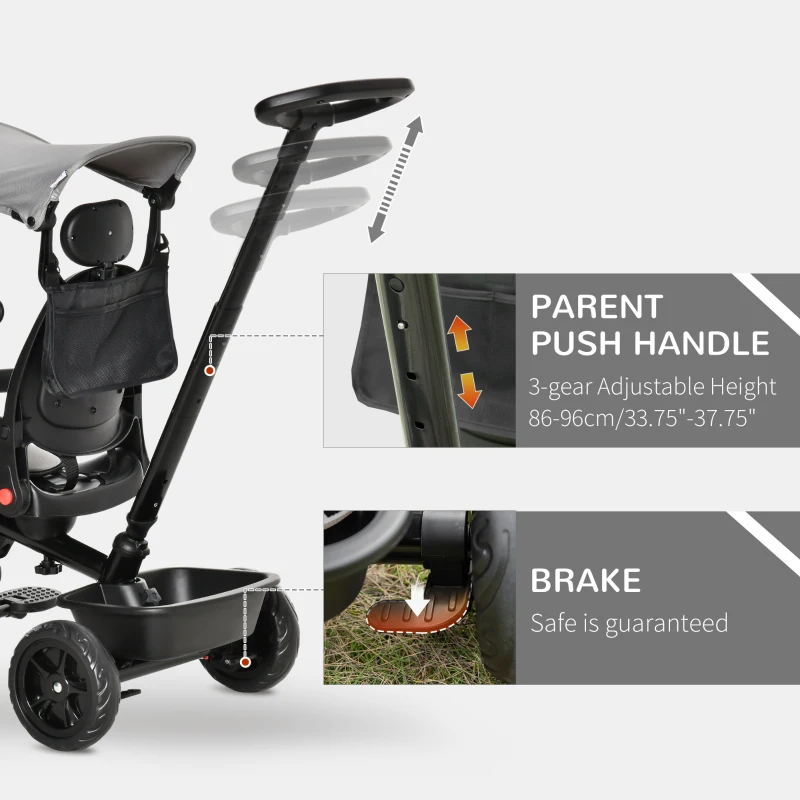 Qaba Kids Tricycle 4 In 1 Trike with Reversible Angle Adjustable Seat Removable Handle Canopy Handrail Belt Storage Footrest Brake Clutch for 1-5 Years Old Grey