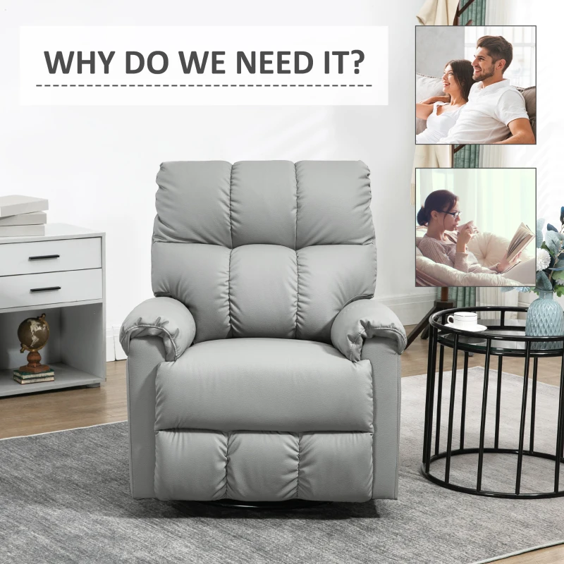 HOMCOM Rocker Recliner Chair with Overstuffed Back and Seat, Faux Leather Manual Reclining Chair with Footrest and 360 Swivel Rotation Base for Living Room, Gray