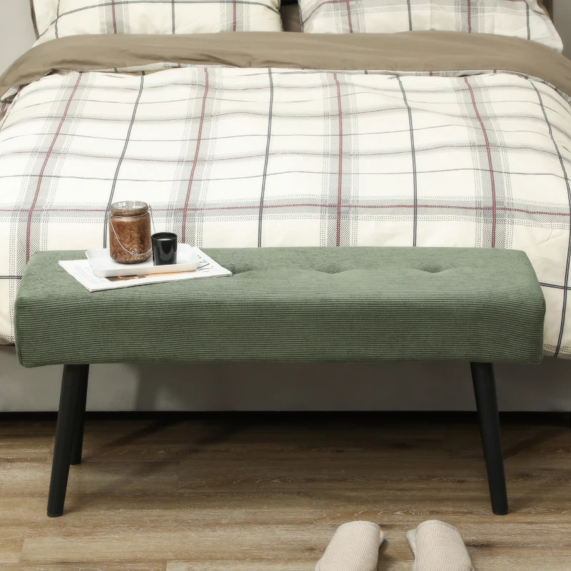 HOMCOM 39" Upholstered Ottoman Bench, Corduroy Entryway Bedroom Bench with Padded Seat and Steel Legs for Bedroom, Green
