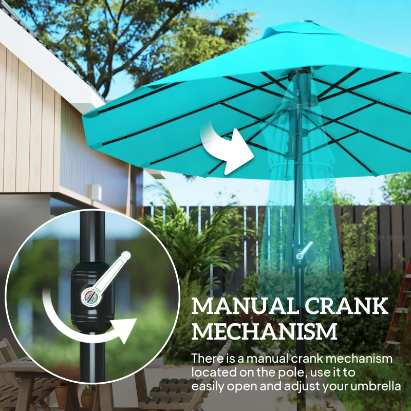 Outsunny Patio Umbrella 15ft Double-Sided Outdoor Market Extra Large Umbrella with Crank Handle for Backyard, Light Blue
