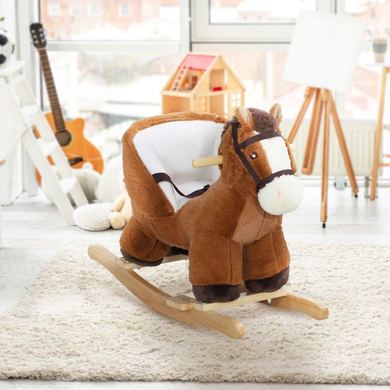 Qaba Baby Rocking Horse, Kids Ride-on with Sound, Wooden Base & Safety Belt for Ages 18-36 Months, Brown