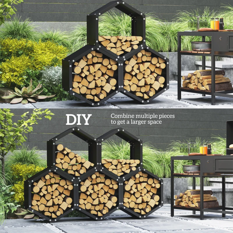 Outsunny Hexagon Firewood Log Rack Heavy-Duty Steel Log Holder for Outdoor Indoor Use, 25.6" x 14.6" x 22.4", Black