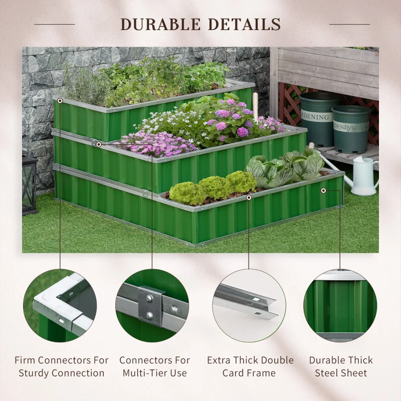 Outsunny 3 Tier Raised Garden Bed Outdoor Metal Patio Planter Box with Gloves,  4' x 4' x 2' for Backyard, Patio to Grow Vegetables, Herbs, and Flowers, Green