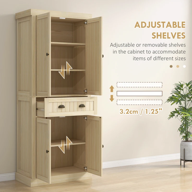 HOMCOM 72" Kitchen Cabinet, Kitchen Pantry Cabinet with 4 Doors, 2 Adjustable Shelves and Drawer, Nature Wood