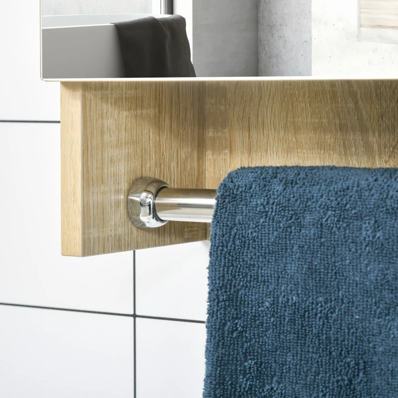 kleankin Bathroom Medicine Cabinet, 23.5" x 27.5" Wall-Mounted Bathroom Mirror Cabinet with 3 Storage Shelves, Inside Adjustable Shelf, and Towel Rack, Natural