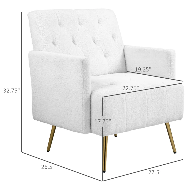 HOMCOM Upholstered Armchair, Modern Sherpa Accent Chair, Tufted Reading Chair for Living Room with Gold Steel Legs, White