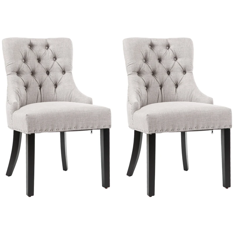 HOMCOM Swoop Air Linen Fabric Dining Chair Set of 2 with Nailhead Trim and Wood Legs,  Light Grey