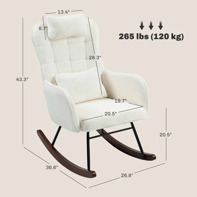 HOMCOM Nursery Rocking Chair with Headrest, Lumber Pillow, Nursing Chair with High Back for Living Room, Bedroom, Cream White