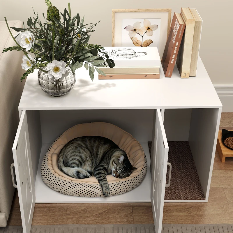 PawHut Cat Litter Box Enclosure, Hidden Cat Litter Box Furniture with Scratching Board, 31.5" x 19" x 20", White