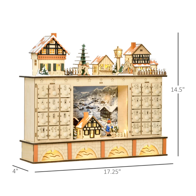 HOMCOM Christmas Advent Calendar, Light Up Table Xmas Wooden Store Holiday Decoration with Countdown Drawer, Village, for Kids and Adults, Natural