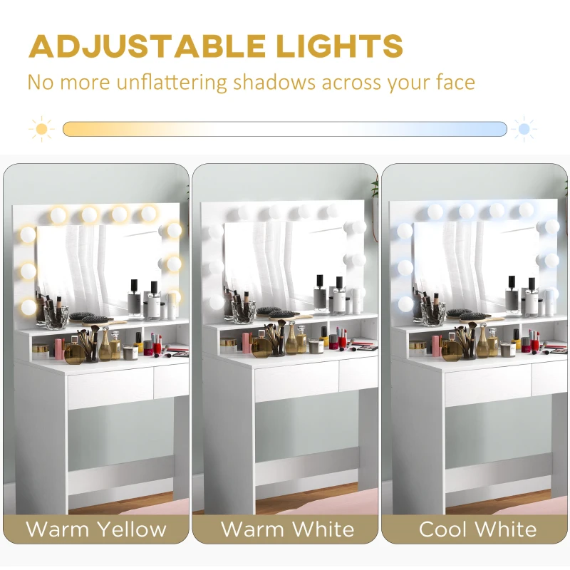 HOMCOM Vanity Table, Makeup Dressing Table with LED Lighting Mirror, Drawers, for Bedroom, White