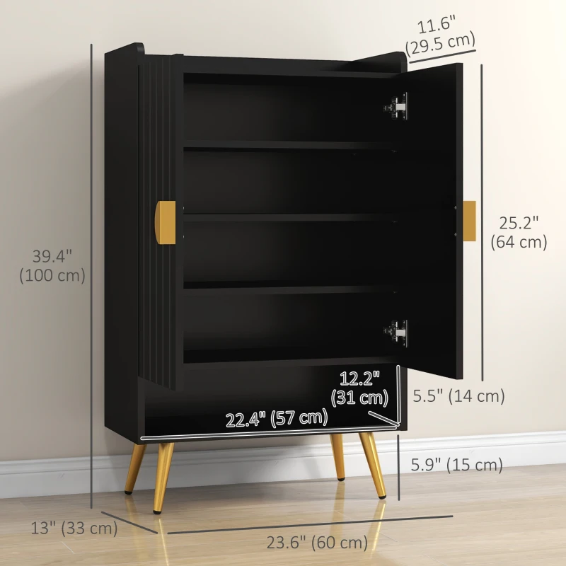 HOMCOM Entryway Shoe Storage Cabinet, Narrow Shoe Cabinet with Adjustable Shelves and Open Shelf for 15 Pairs of Shoes, Black