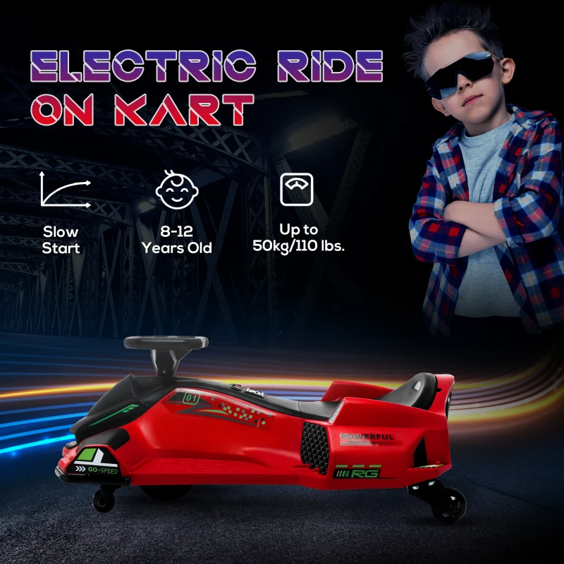 Aosom 12V Electric Drifting Go Kart w/ Slow Start, Music, Lights, Red