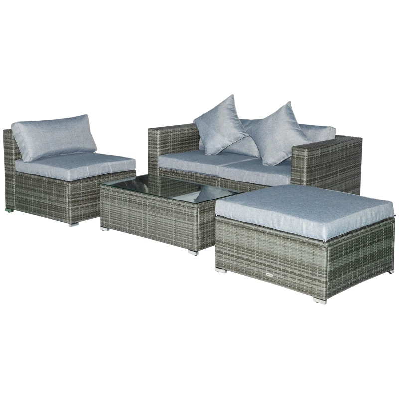 Outsunny 5-Piece Outdoor Sectional Furniture, Patio Sofa Set, PE Wicker Couch, Cushions, Pillows, Ottoman, Table, Light Gray