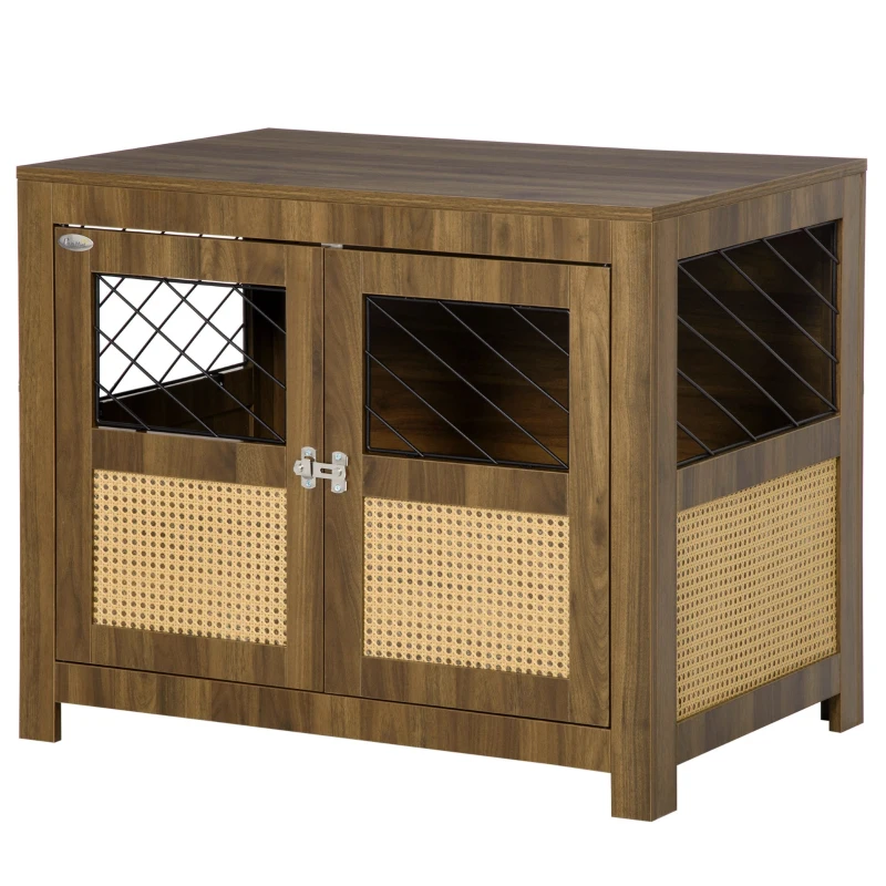 PawHut Dog Crate Furniture with Soft Cushion, Dog Crate End Table with Rattan Decoration, Small to Medium Sized Dog Kennel Furniture Indoors with Large Entrance, Walnut